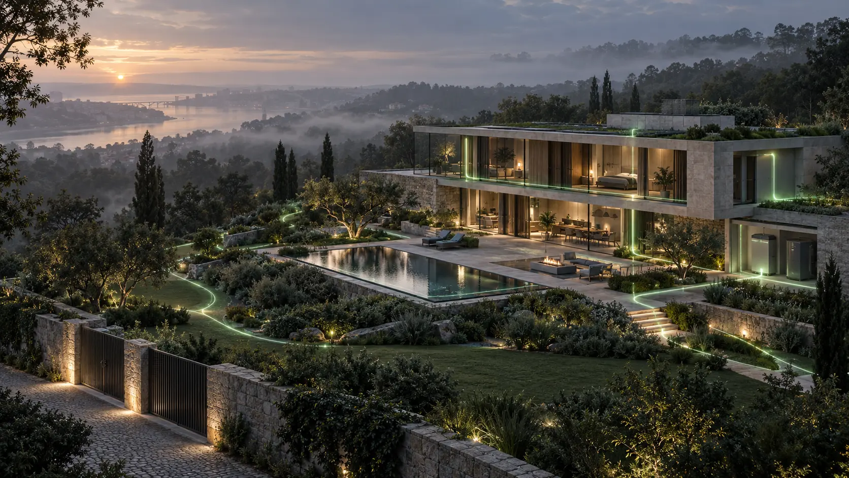 Private property at dusk with illuminated flow paths through the garden and architecture