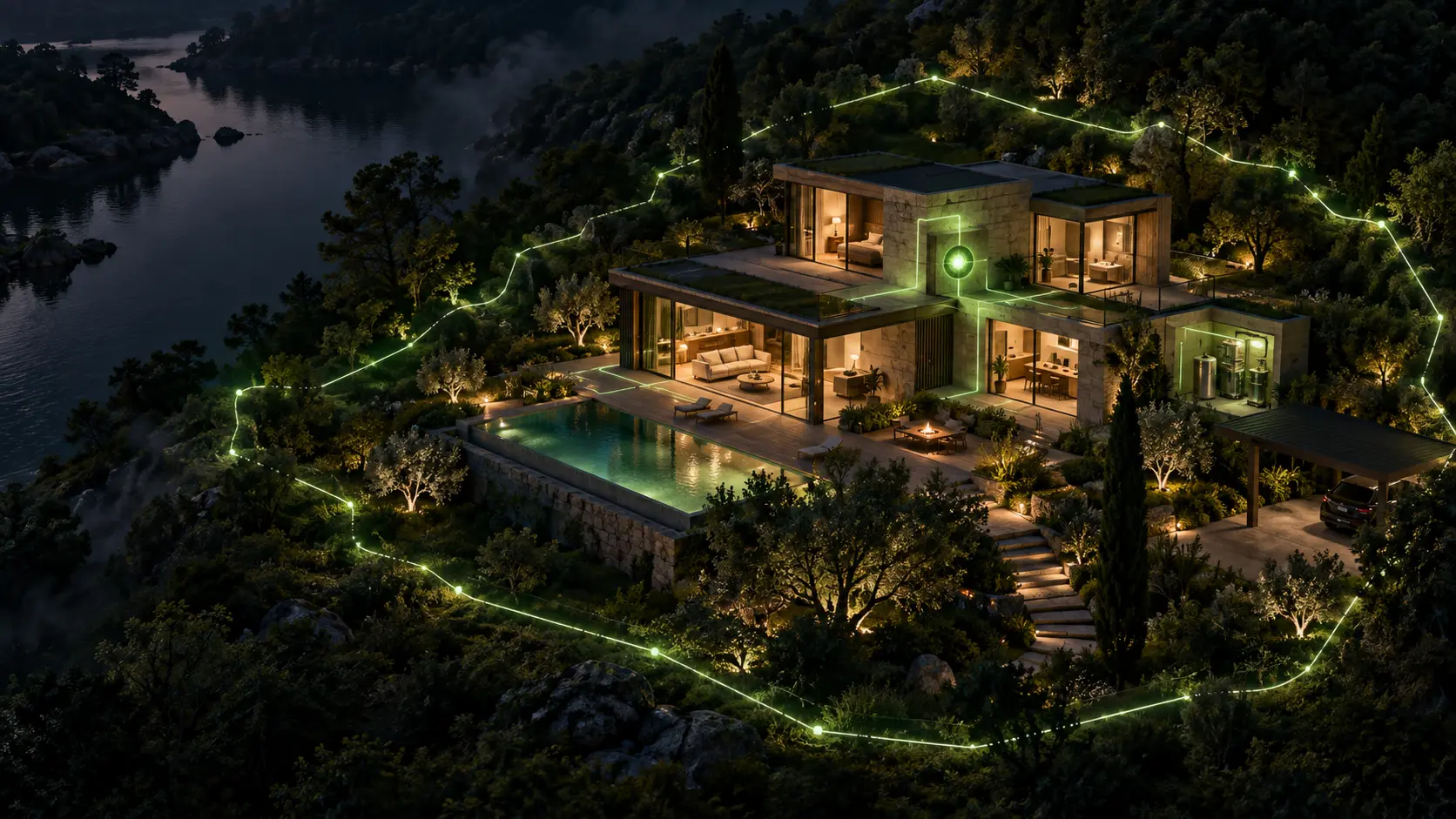 Aerial view of an intelligent property at night, its boundary traced in green light