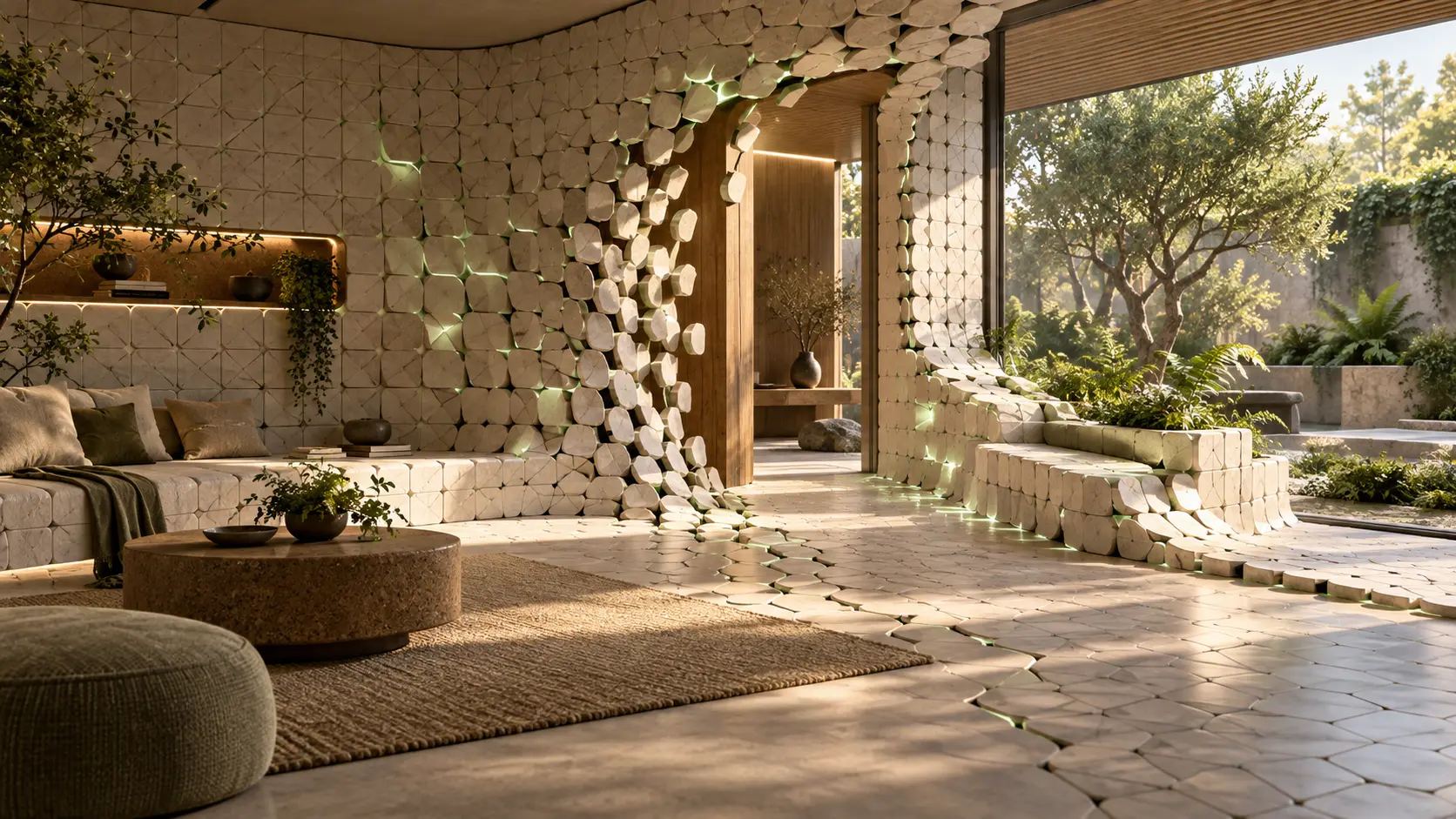 Limestone room where a modular wall opens into a new passage