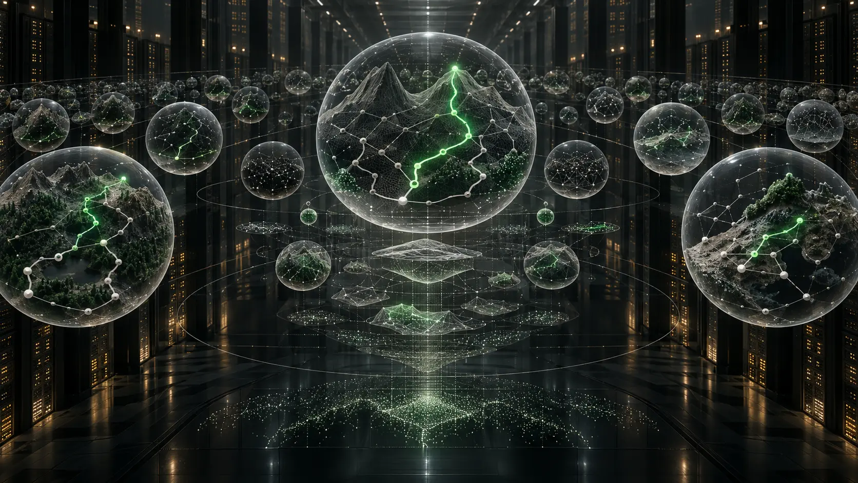 Simulated worlds rendered as transparent spheres inside a data centre
