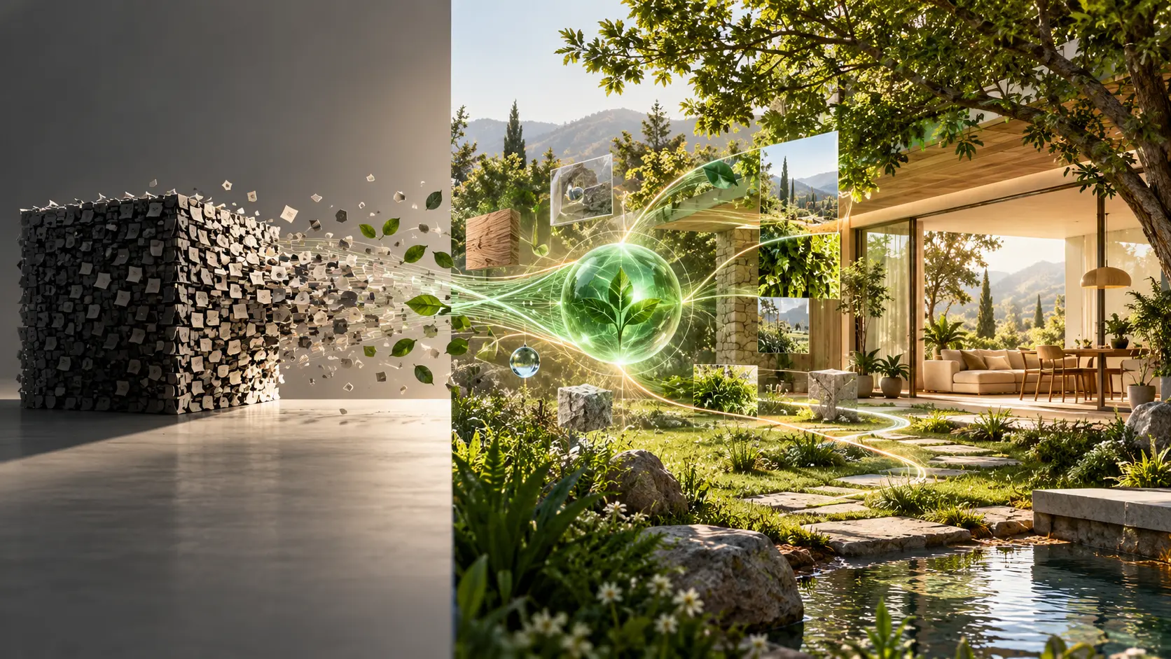 A compressed cube of tokens dissolving into a living garden and house